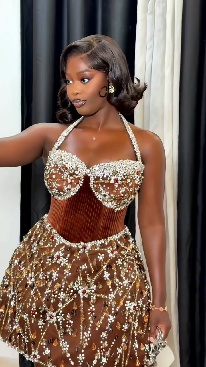 Brown Beaded Halter Mini Dress Set