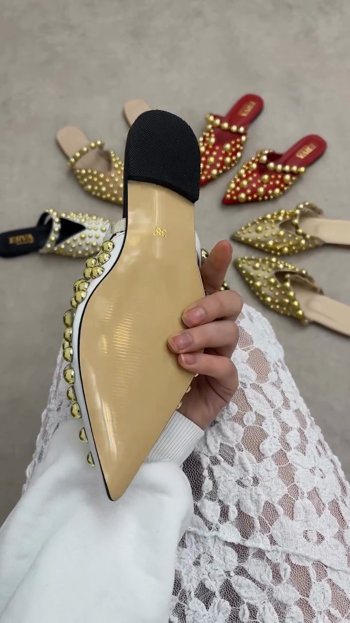 Gold Studded Pointed-Toe Mule Sandals