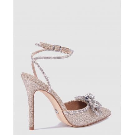 Champagne Glitter Crystal Bow Ankle Strap Heels