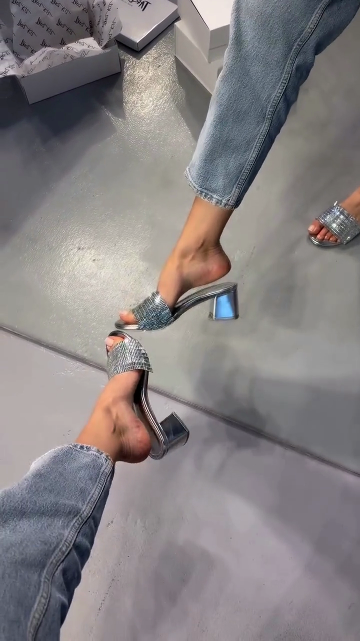 Silver Rhinestone-Embellished Block Heel Mules