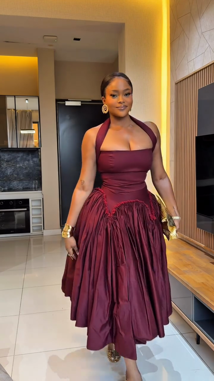 Burgundy Halter Midi Dress with Voluminous Skirt