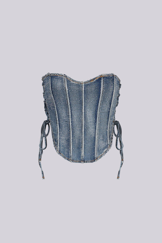 Rhinestone Denim Strapless Corset Top