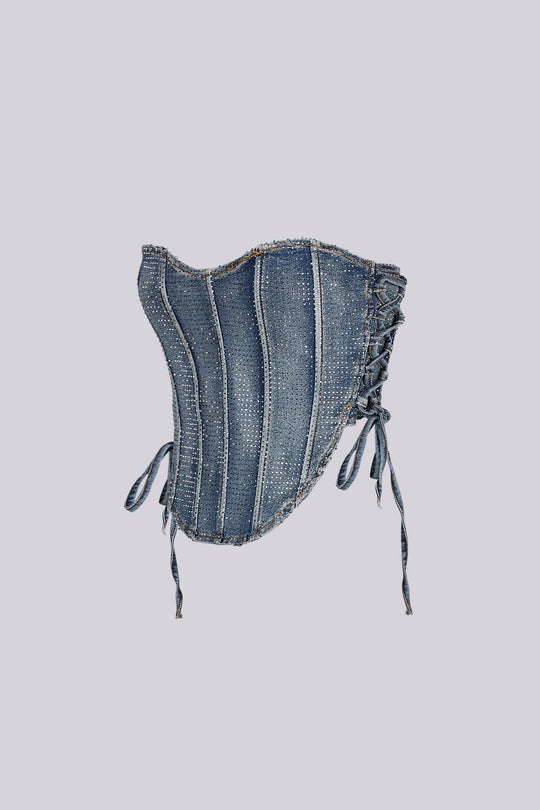 Rhinestone Denim Strapless Corset Top