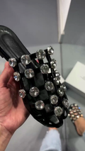 Black Crystal-Embellished Woven Slide Sandals