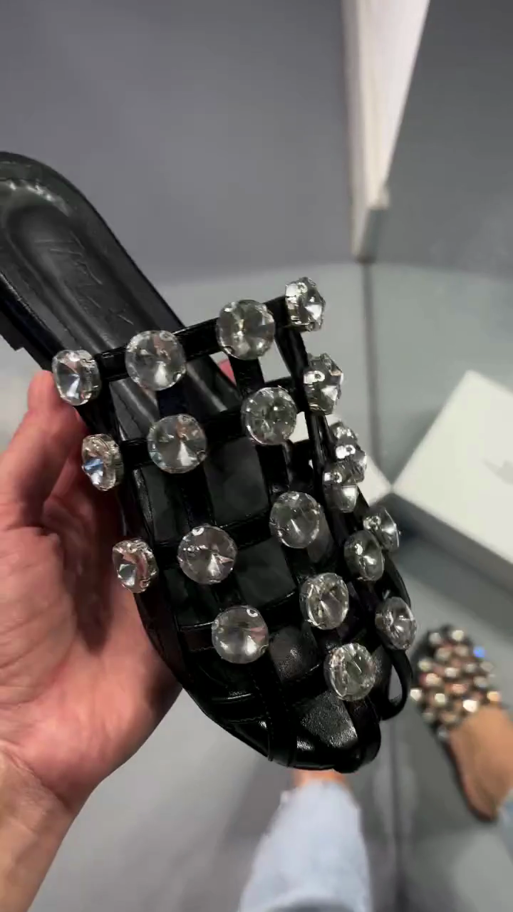 Black Crystal-Embellished Woven Slide Sandals