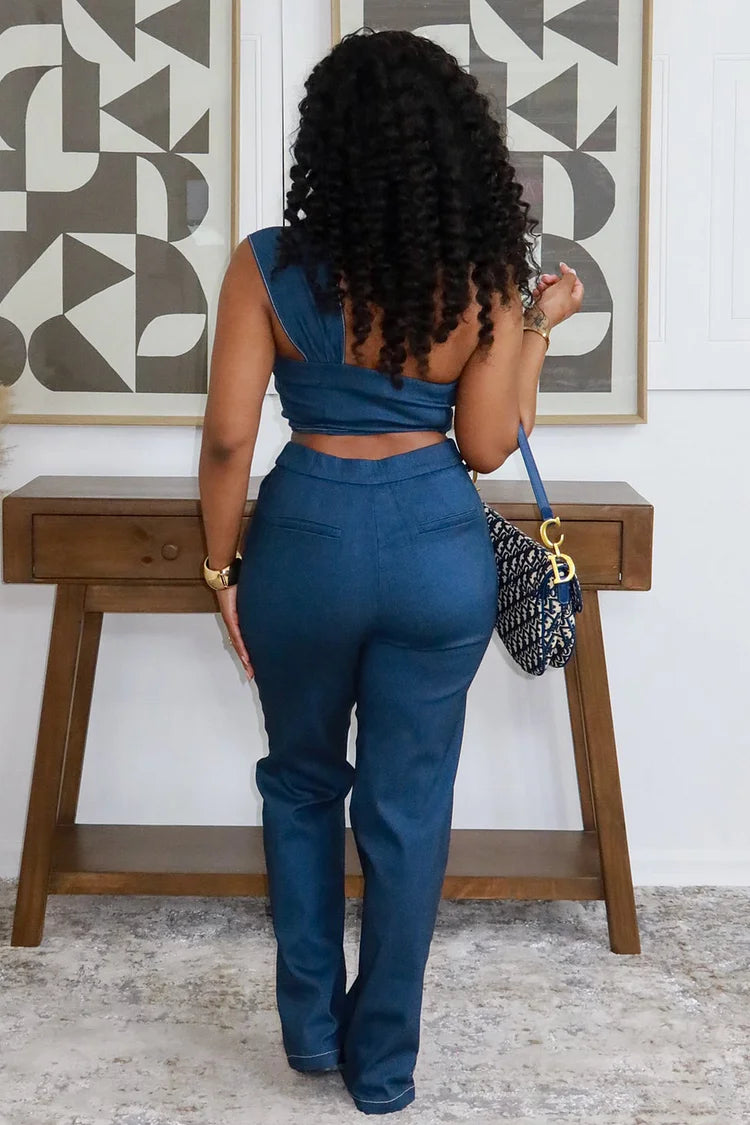 Denim One-Shoulder Flower Two-Piece Set