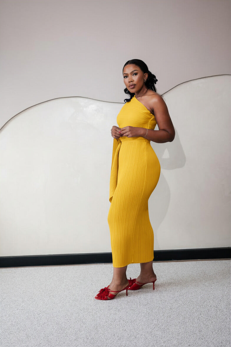 Pleated One-Shoulder Midi Dress
