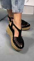 Black T-Strap Espadrille Wedge Sandals