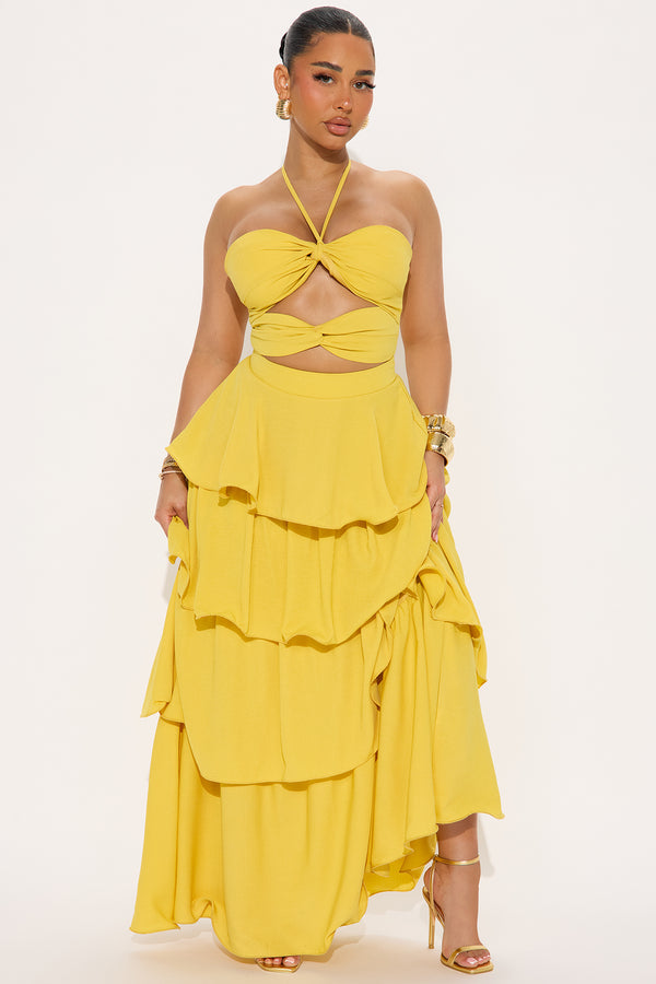 Yellow Halter Cutout Tiered Maxi Two-Piece Set