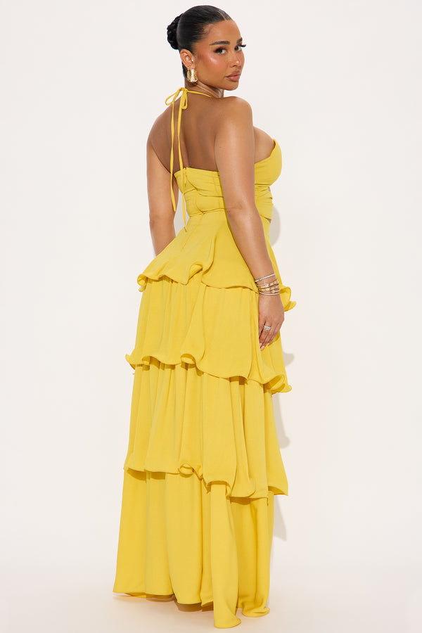 Yellow Halter Cutout Tiered Maxi Two-Piece Set