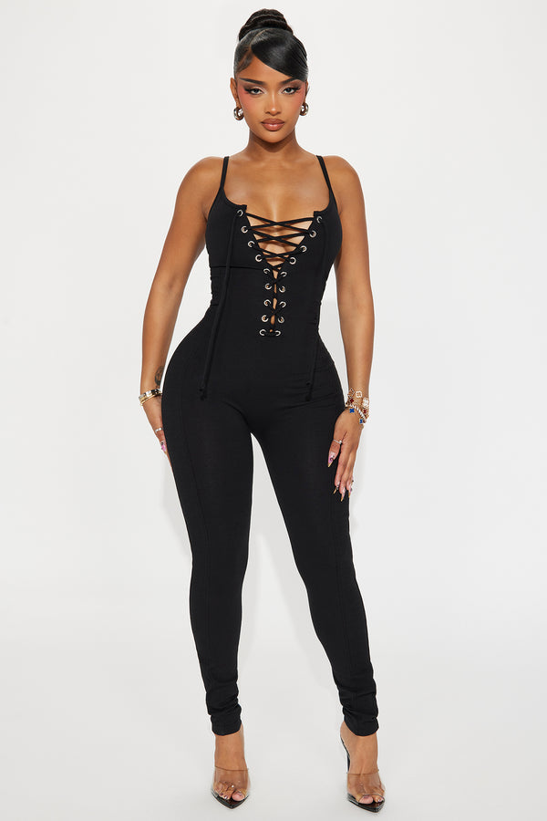 Black Lace-Up Corset Sleeveless Skinny Jumpsuit