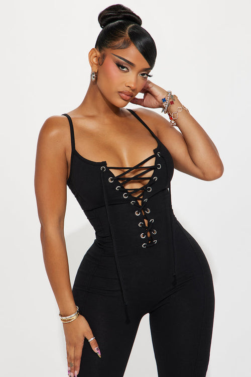 Black Lace-Up Corset Sleeveless Skinny Jumpsuit