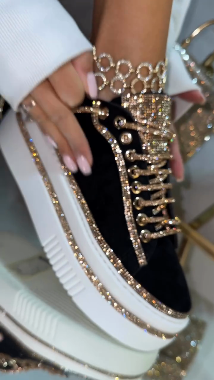 Black Velvet & Gold Crystal-Embellished Platform Sneakers
