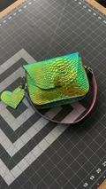Holographic Iridescent Snake Print Saddle Bag with Heart Charm
