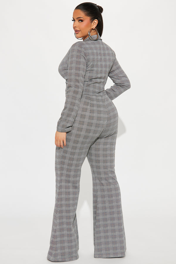 Retro Grey Plaid Flared Jumpsuit