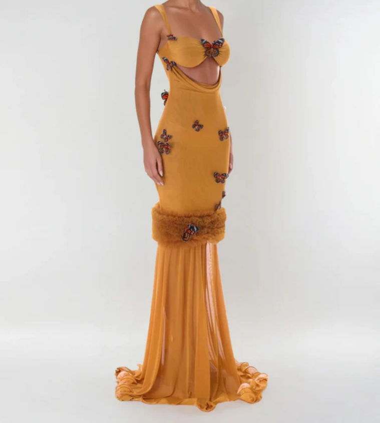Mustard Butterfly Embellished Cutout Mermaid Gown