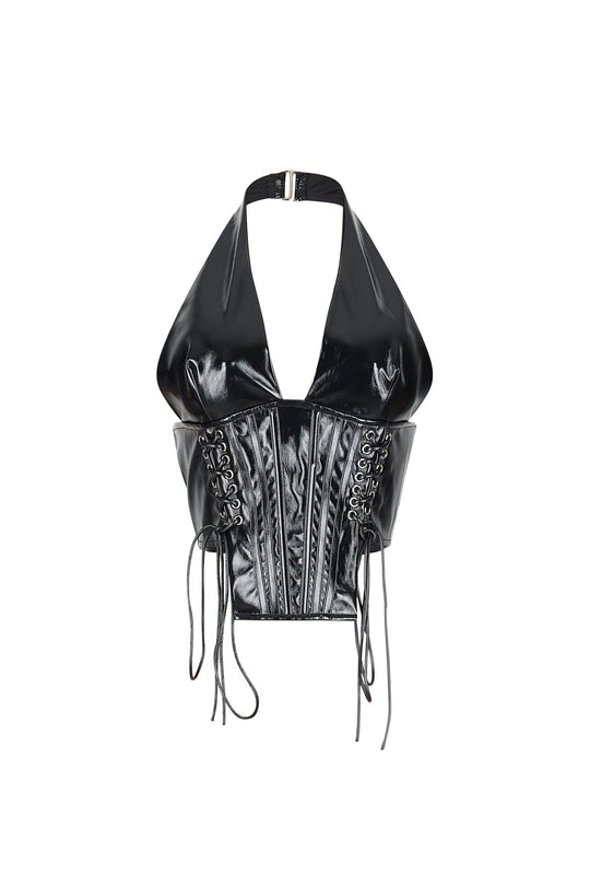 Black Patent Leather Halter Corset Top