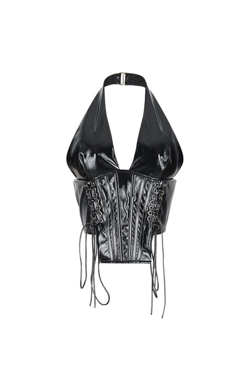 Black Patent Leather Halter Corset Top