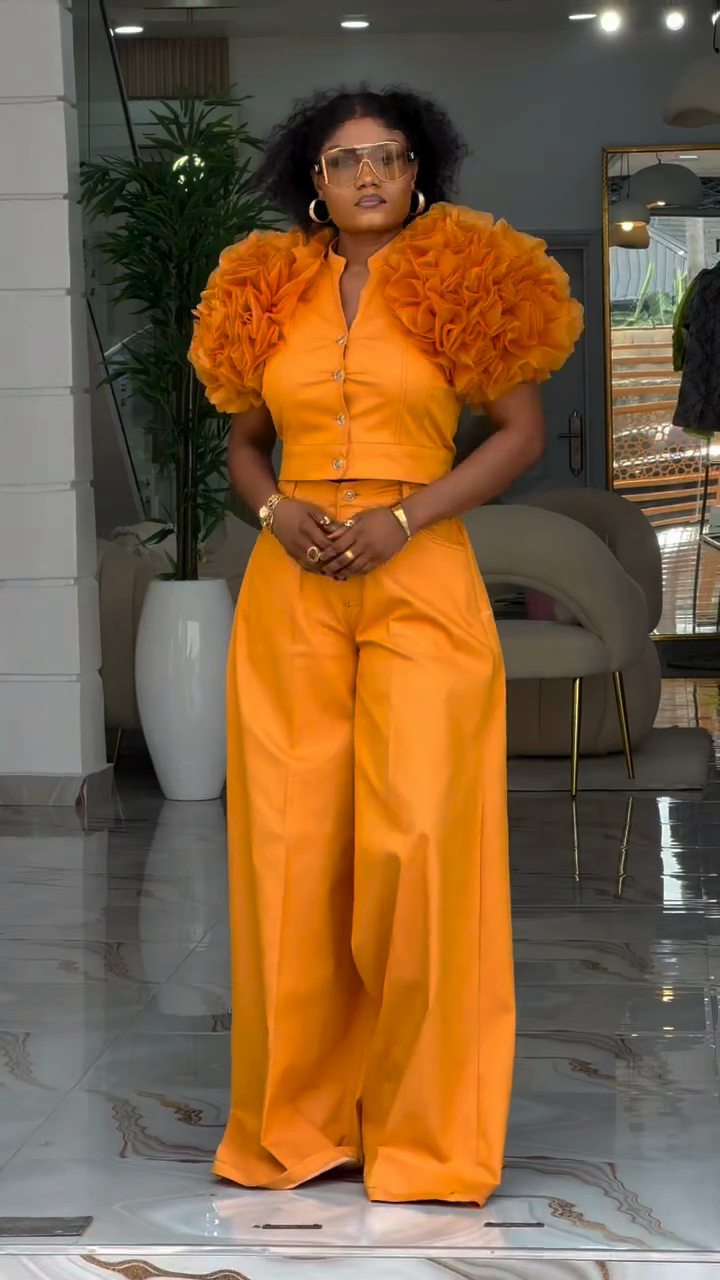 Orange Ruffle Shoulder Two-Piece Set