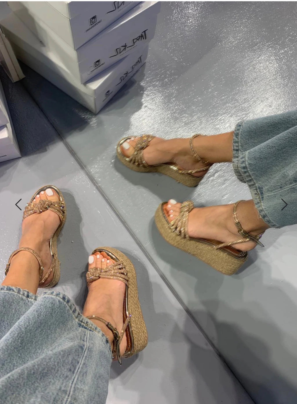 Gold Crystal Knot Espadrille Wedge Sandals