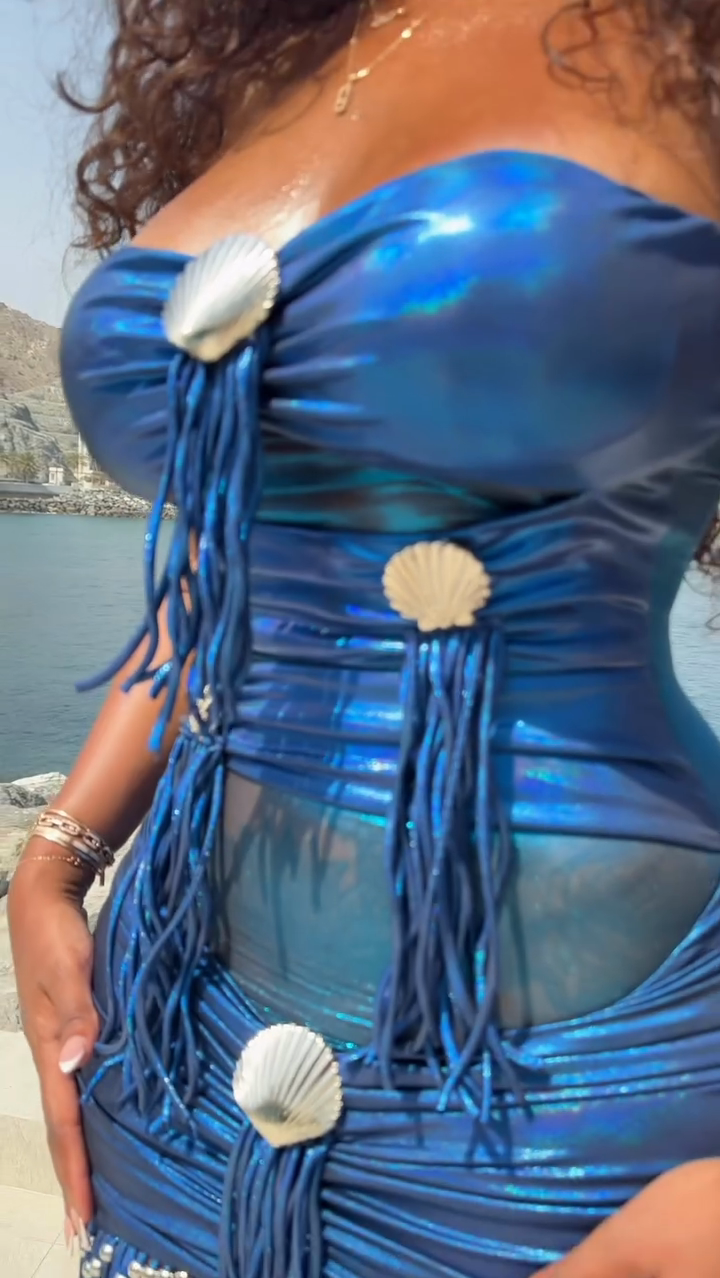 Blue Metallic Shell Fringe Strapless Maxi Dress