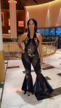 Black Floral Embroidered Sheer Lace Halter Flare Jumpsuit