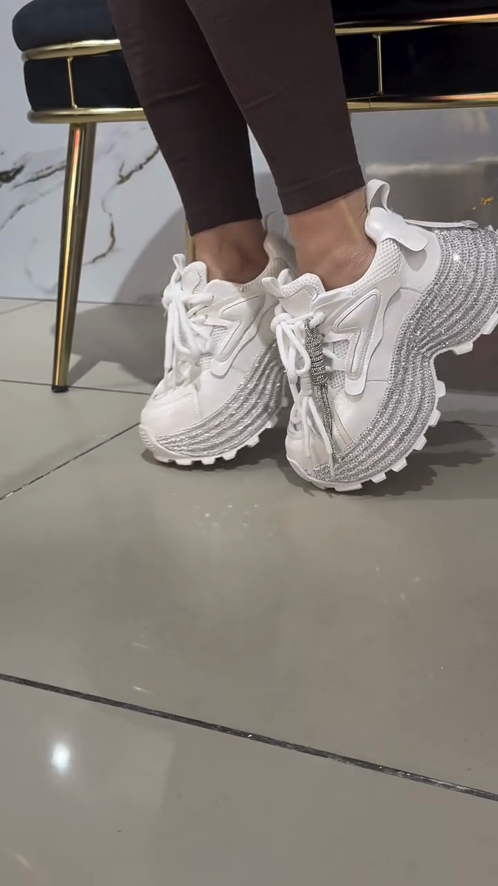 White Rhinestone-Embellished Chunky Sneakers