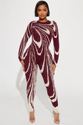 Burgundy Swirl Print Long Sleeve Jumpsuit