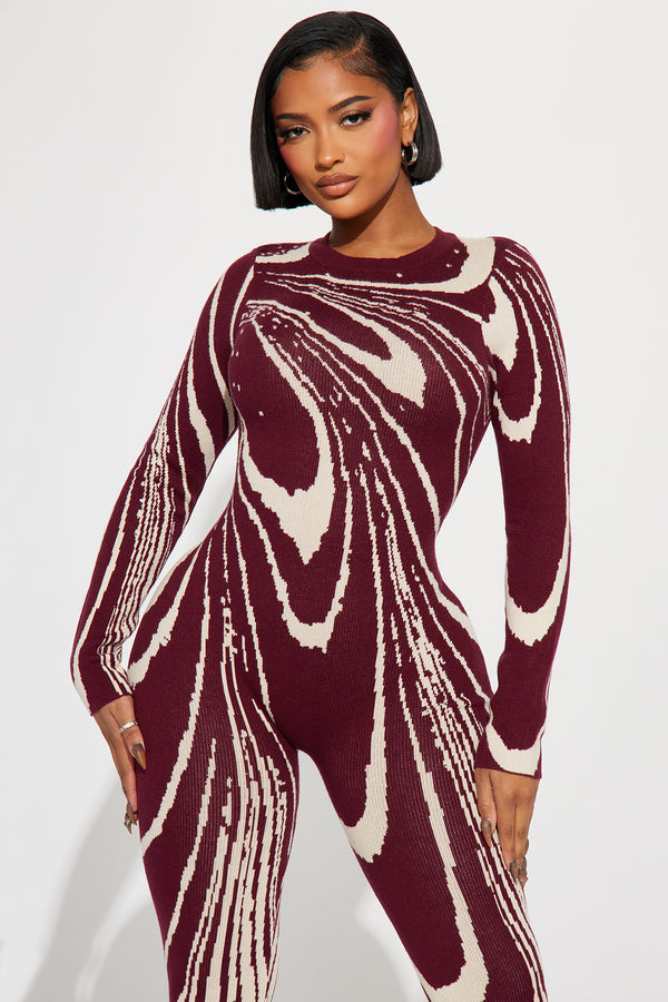 Burgundy Swirl Print Long Sleeve Jumpsuit