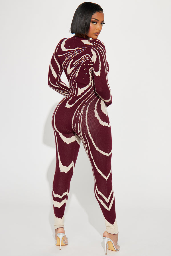 Burgundy Swirl Print Long Sleeve Jumpsuit