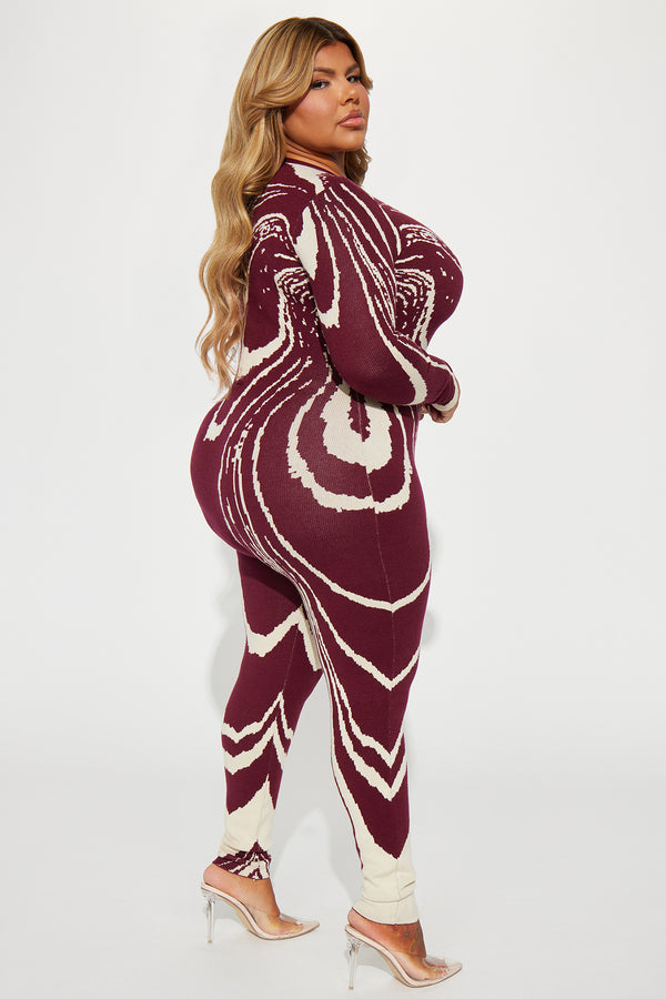 Burgundy Swirl Print Long Sleeve Jumpsuit