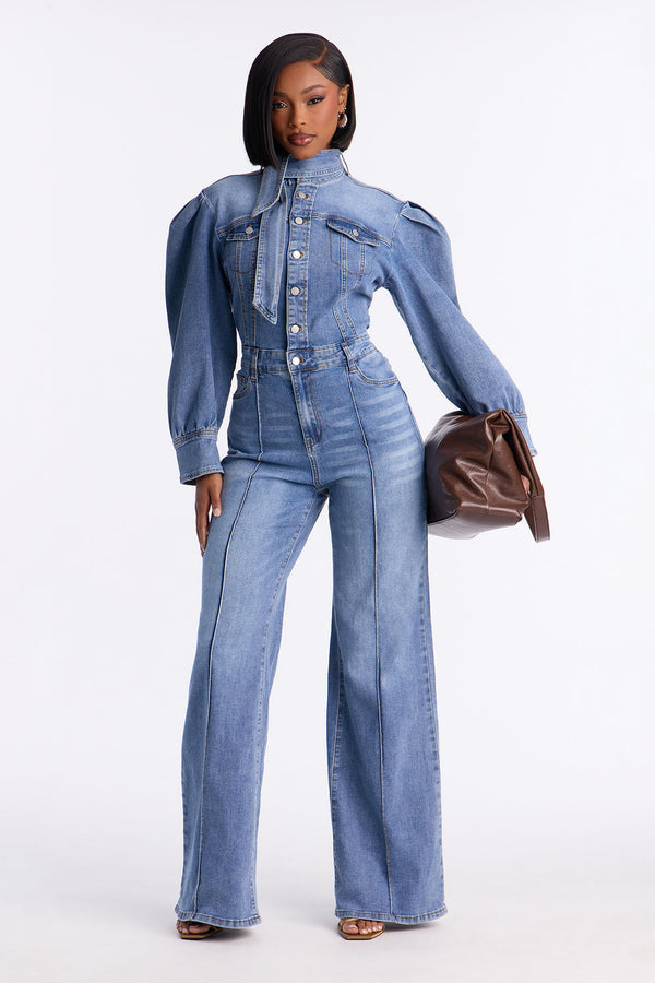 Puffed Sleeve Denim Jumpsuit