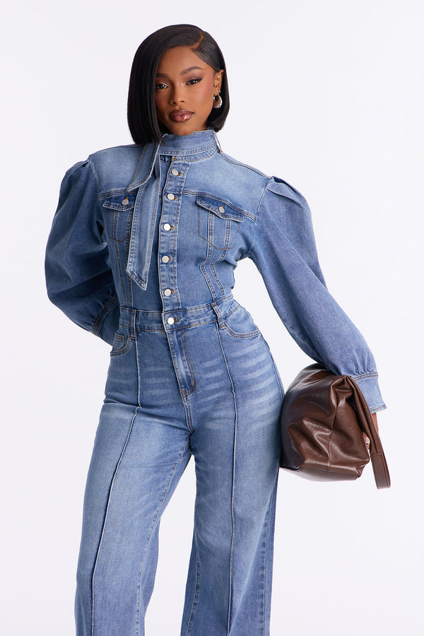 Puffed Sleeve Denim Jumpsuit