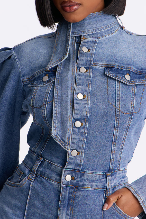 Puffed Sleeve Denim Jumpsuit