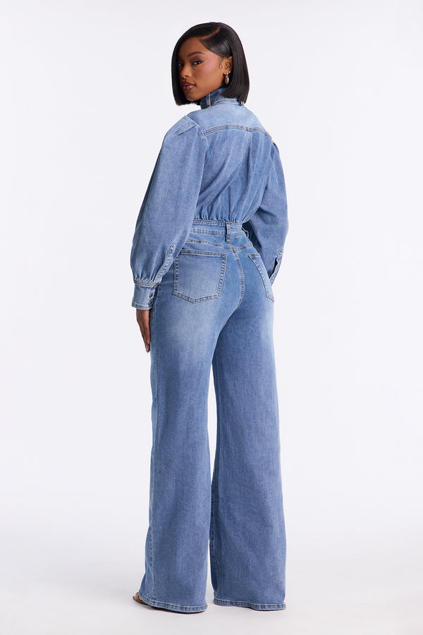 Puffed Sleeve Denim Jumpsuit