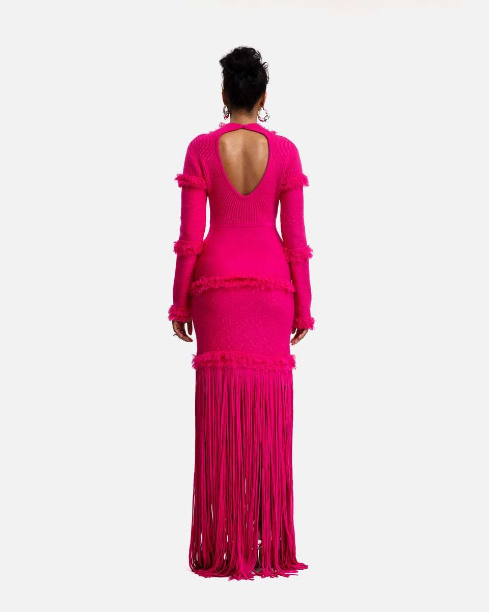Hot Pink Fringe Trim Knit Maxi Dress