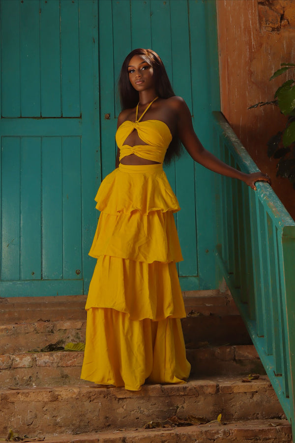 Yellow Halter Cutout Tiered Maxi Two-Piece Set