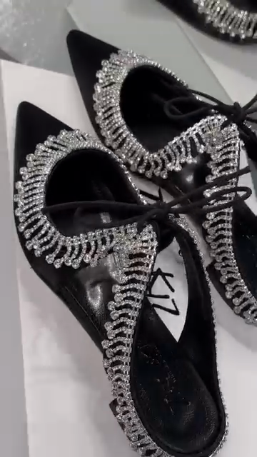 Black Satin Crystal-Embellished Pointed-Toe Mules