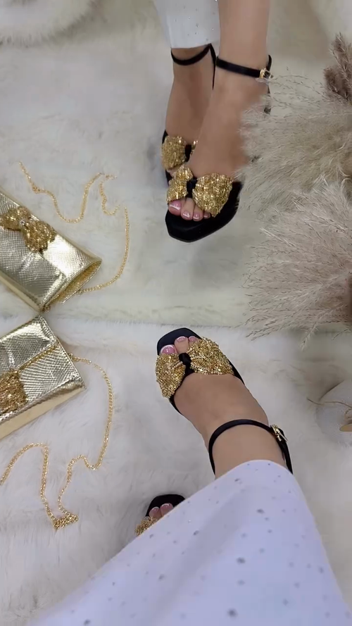 Black & Gold Bow Ankle-Strap Heeled Sandals