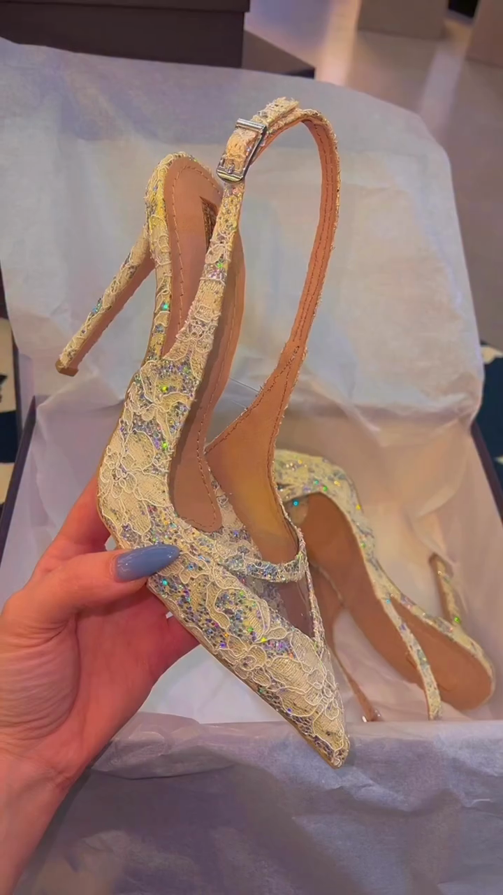 Champagne Lace & Iridescent Glitter Pointed-Toe Slingback Heels