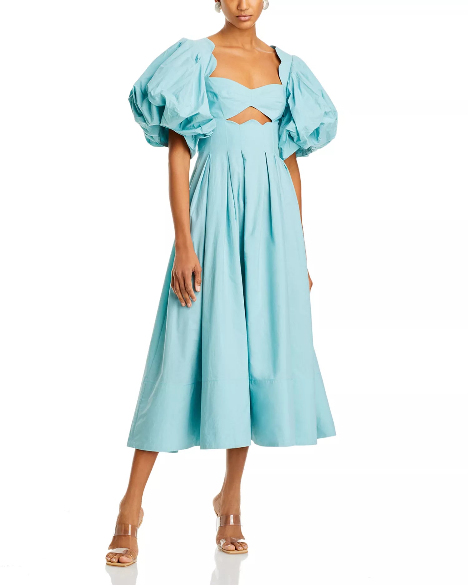 Turquoise Puff Sleeve Cutout Midi Dress