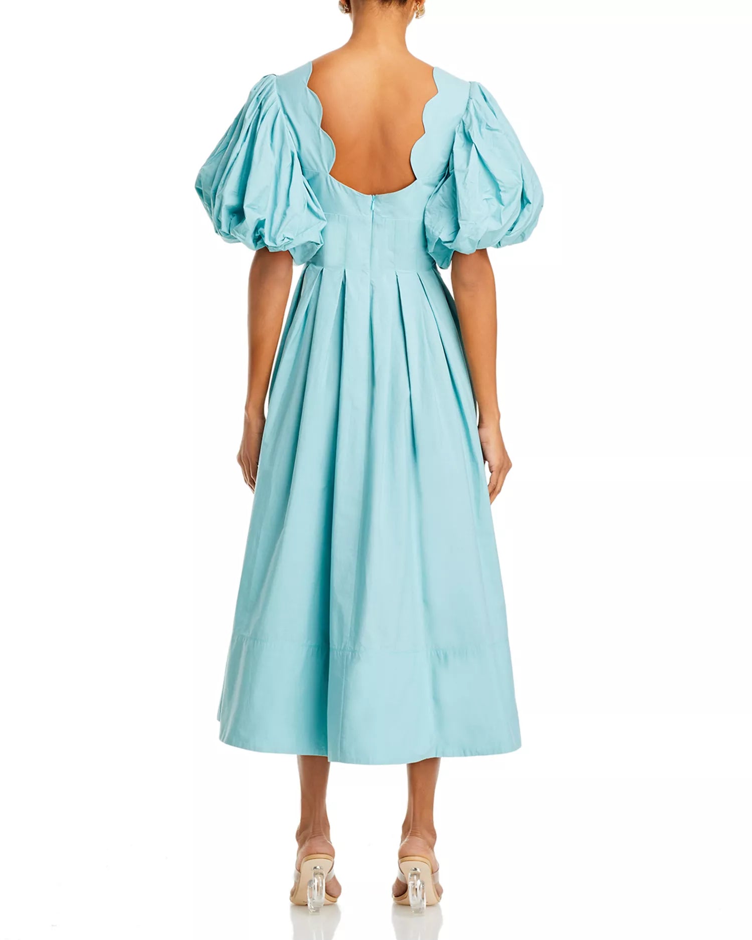 Turquoise Puff Sleeve Cutout Midi Dress