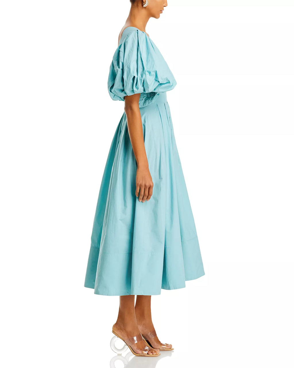 Turquoise Puff Sleeve Cutout Midi Dress