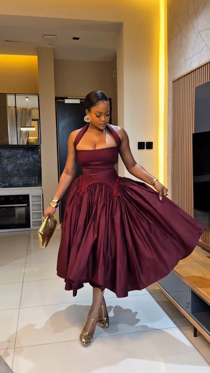Burgundy Halter Midi Dress with Voluminous Skirt