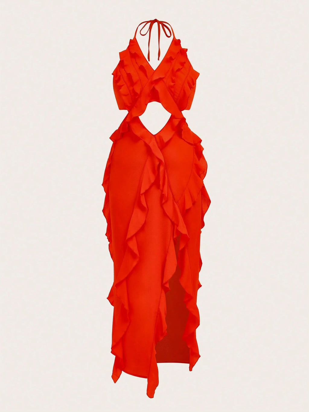 Red Ruffled Halter Maxi Dress