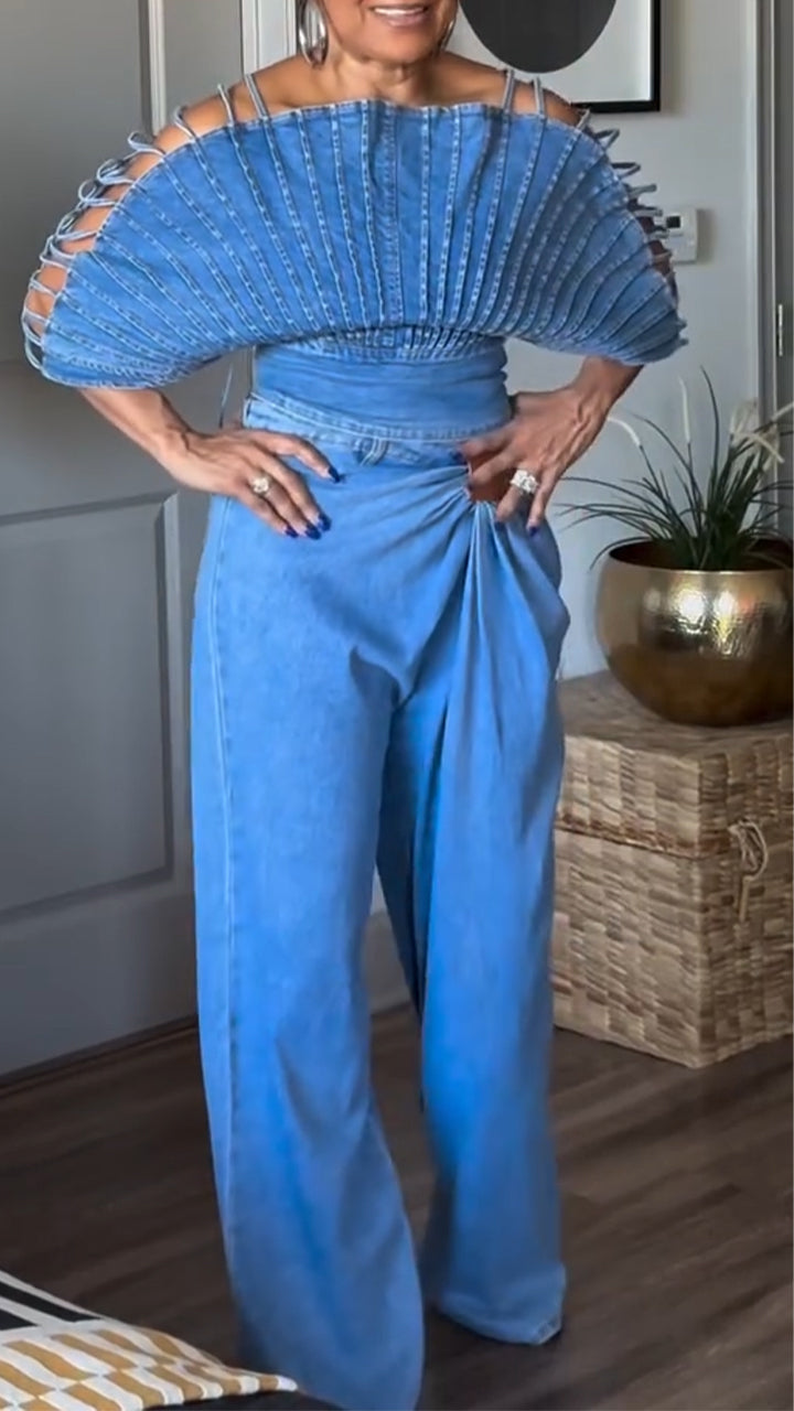 Light Blue Denim Fan Sleeve Two-Piece Set