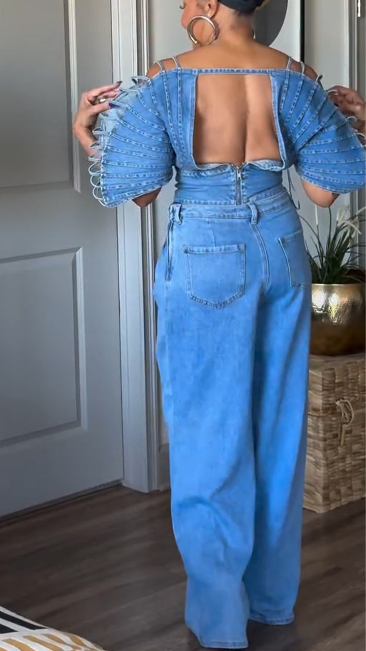 Light Blue Denim Fan Sleeve Two-Piece Set
