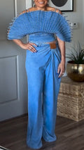 Light Blue Denim Fan Sleeve Two-Piece Set