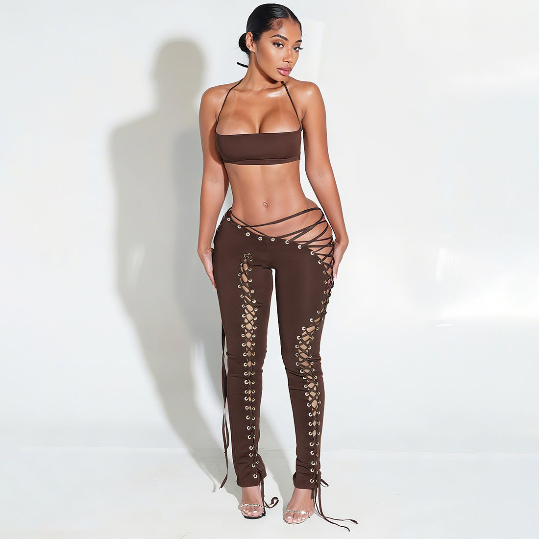 Nude Halter Bandeau Crop Top & Lace-Up Cut-Out Leggings Set