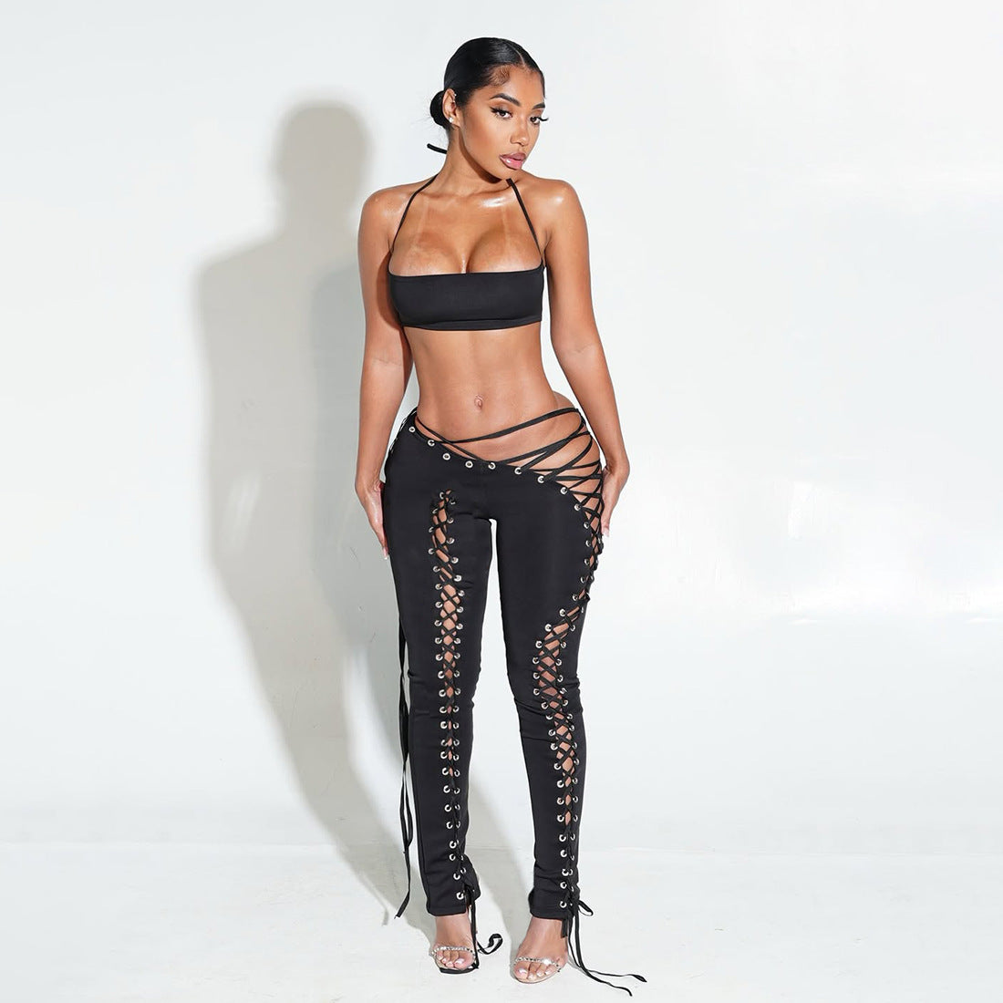 Nude Halter Bandeau Crop Top & Lace-Up Cut-Out Leggings Set